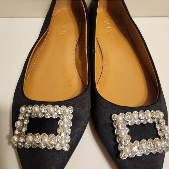 J. Crew Black Satin Pointy Toe Ballet Flats w/Crystal Buckle Detail Sz.6.5 $148 - Picture 4 of 9